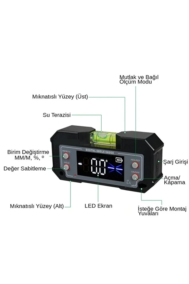 Mini Dijital Eğim Ölçer | Su Terazili- Type C ile şarj edilebilir.